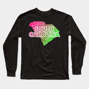 Colorful mandala art map of South Carolina with text in pink and green Long Sleeve T-Shirt